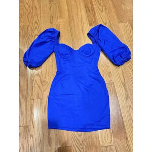 Oh Polly Royal Blue Fitte Corset Top Puff Sleeve Short Dress Vixen Sexy US 6